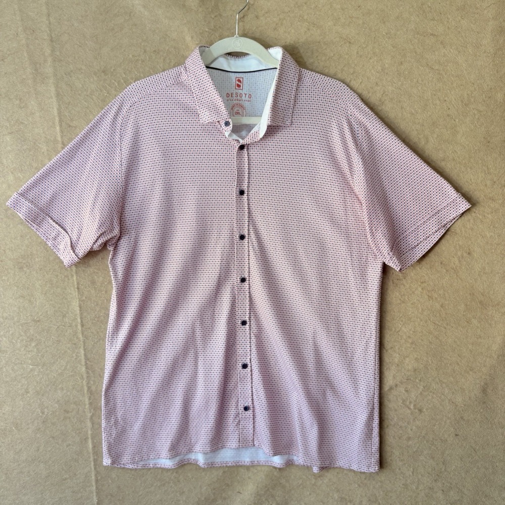 Desoto Jersey Shirt Mens Sz 2XL Red Blue Geometric Button Up‎ Short Sleeve